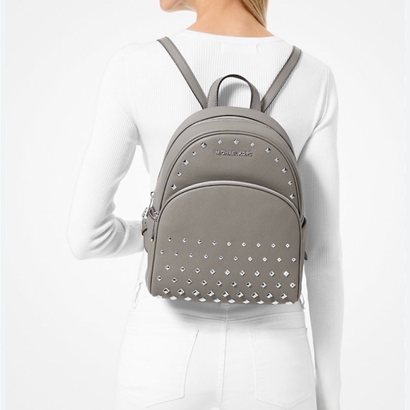 MICHAEL KORS Abbey Medium Grey Studded Pebbled Leather Backpack